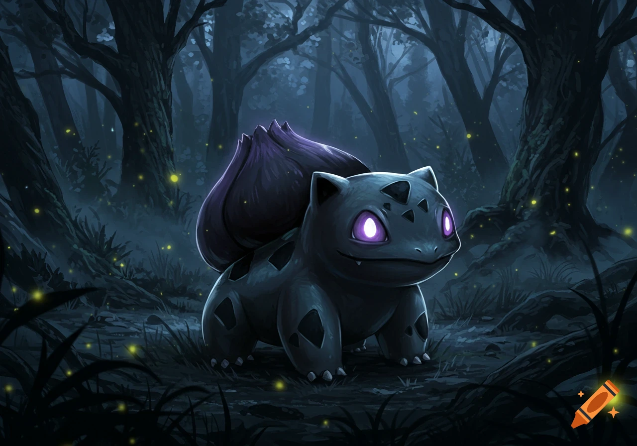 A dark, stylized Bulbasaur with glowing purple eyes stands in a misty, firefly-lit forest.