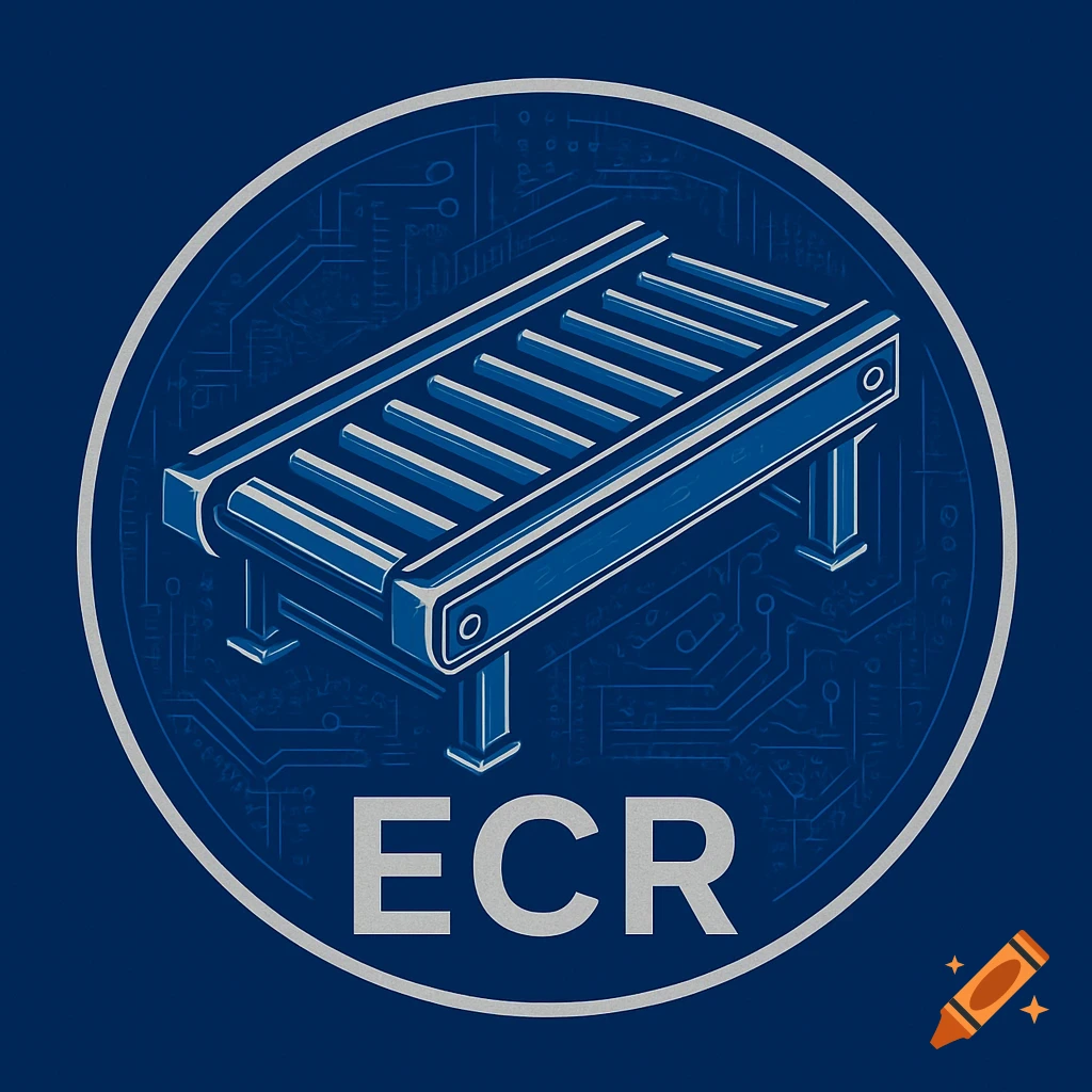 Blue and silver isometric logo featuring a conveyor belt above the letters 'ECR' on a circuit board background.