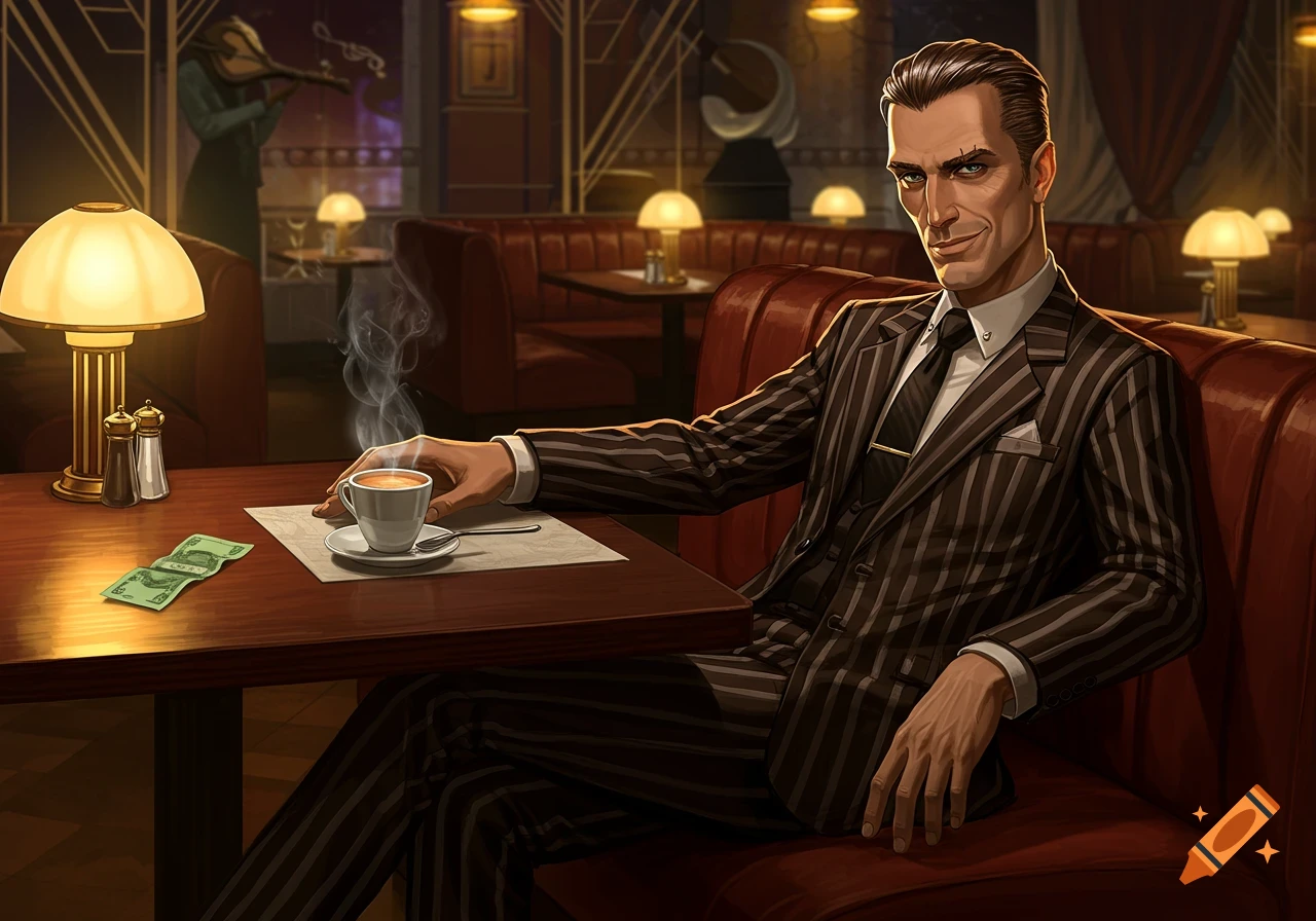 A man in a pinstripe suit sits at a table with a steaming coffee and money in a dimly lit, art deco restaurant.