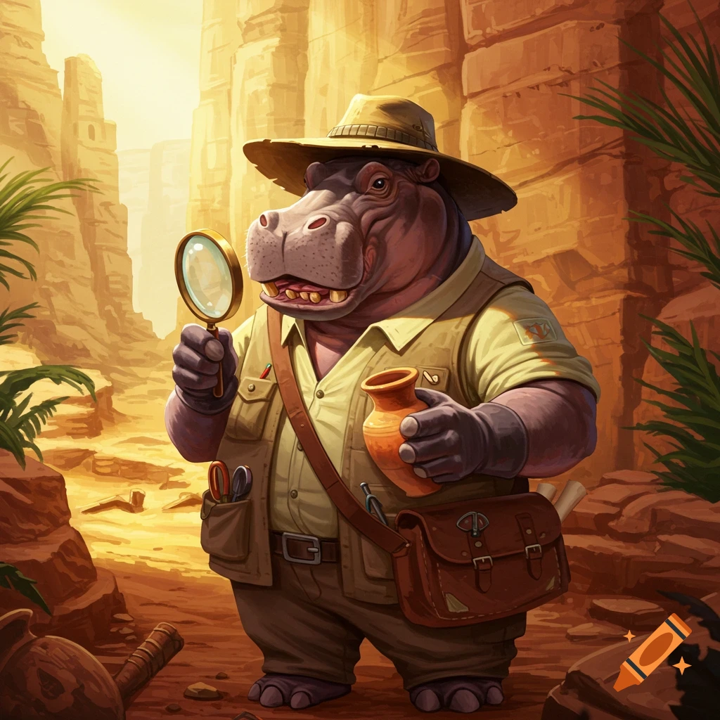 An anthropomorphic hippo archaeologist holds a magnifying glass and a pottery jar in a sunlit desert canyon.