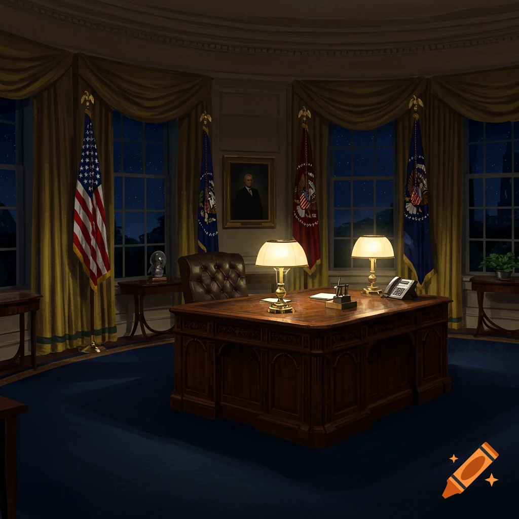 The Oval Office at night, with lamps illuminating a large wooden desk, an armchair, and American flags.