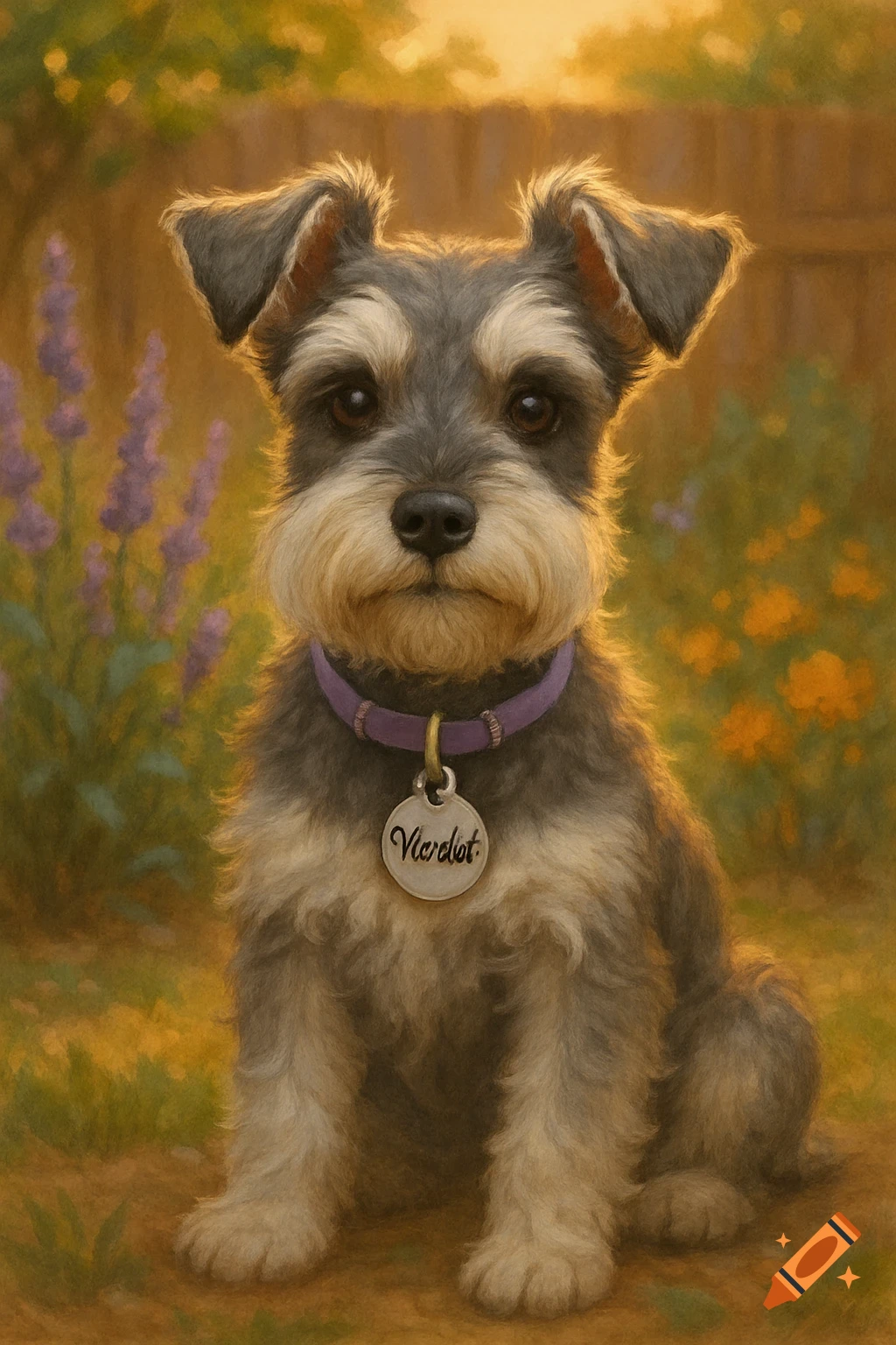 A miniature schnauzer dog with grey and white fur sits outside wearing a purple collar with a name tag, rendered in a painterly style.