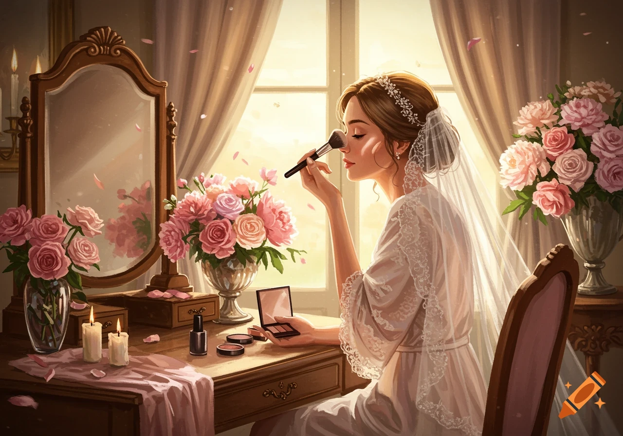 A stylized illustration of a bride applying makeup at a vanity table, surrounded by pink roses and candles, bathed in warm light from a window.