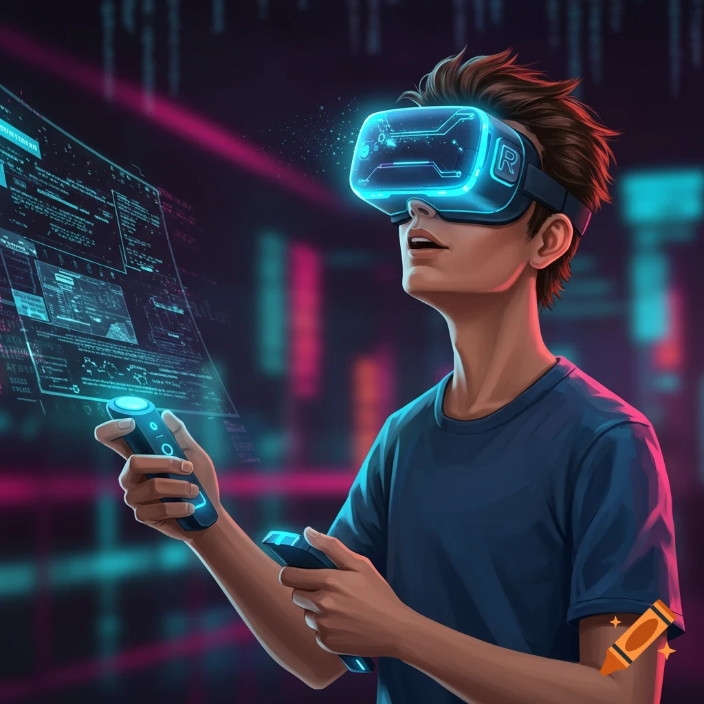 Animated young man wearing a glowing blue VR headset and holding controllers, interacting with holographic screens in a neon-lit digital environment.