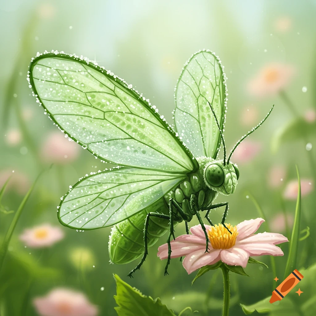 A green, stylized insect, resembling a cucumber with translucent, dewy wings like a sugarfly, rests on a pink flower in a sunny field.