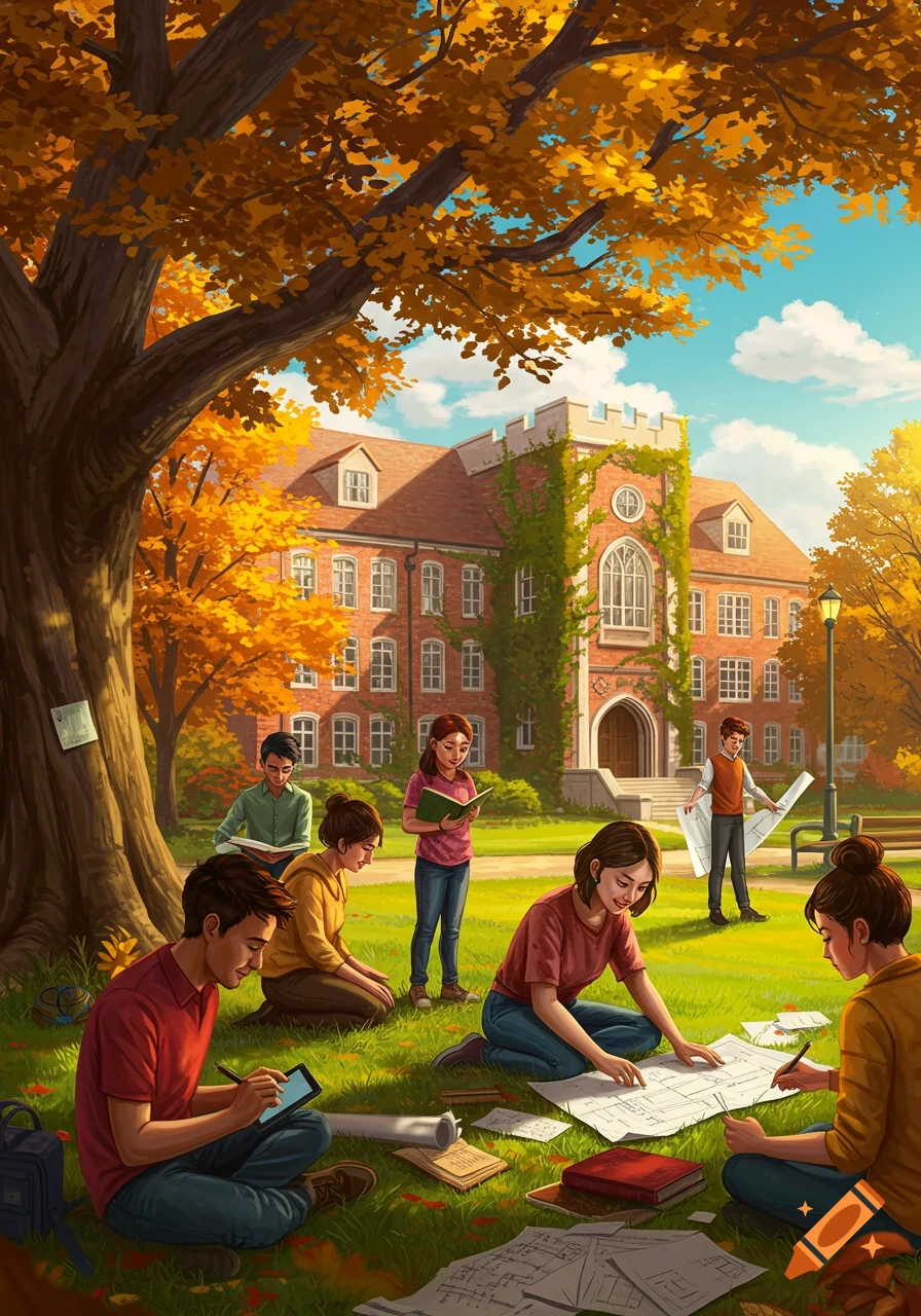 Students studying outdoors on a university campus in autumn, with a large building in the background.