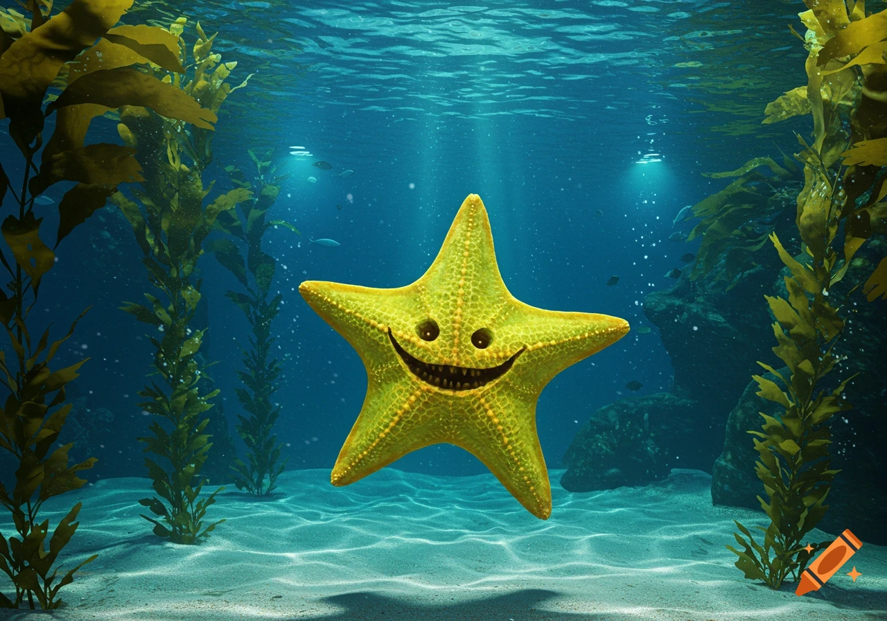 A happy yet creepy-grinning yellow starfish floats in a vibrant underwater kelp forest with sunlight filtering from above.
