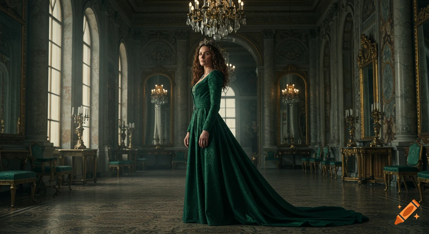 A queen in a dark green dress and crown stands in a grand palace hall with chandeliers and tall windows.