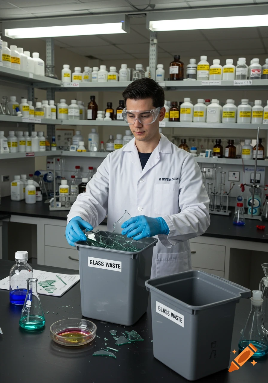 A man in safety glasses and a lab coat disposes of broken glass into a 'GLASS WASTE' bin in a chemistry laboratory.
