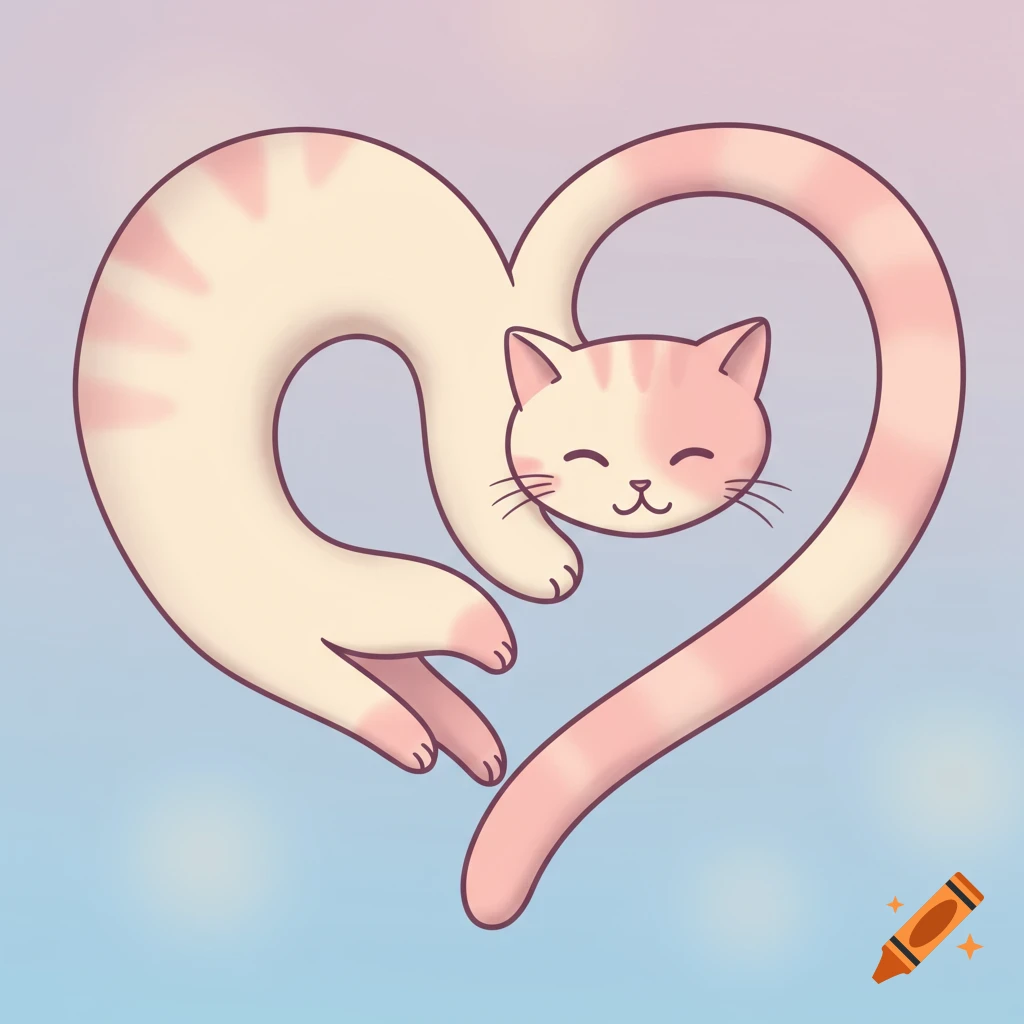 A stylized light pink and white striped cat curled into the shape of a heart on a pastel background.