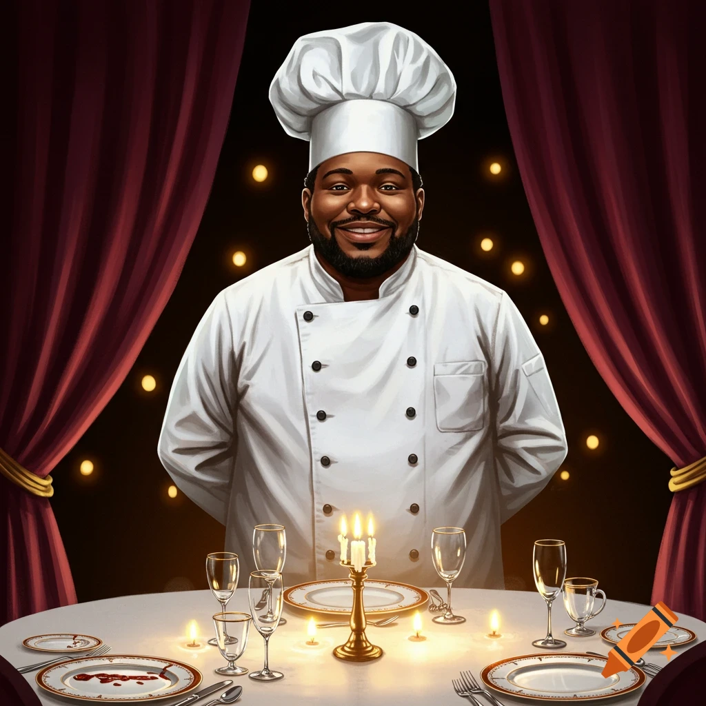 A smiling Black chef in a white uniform and hat stands behind a candlelit dining table with elegant place settings.
