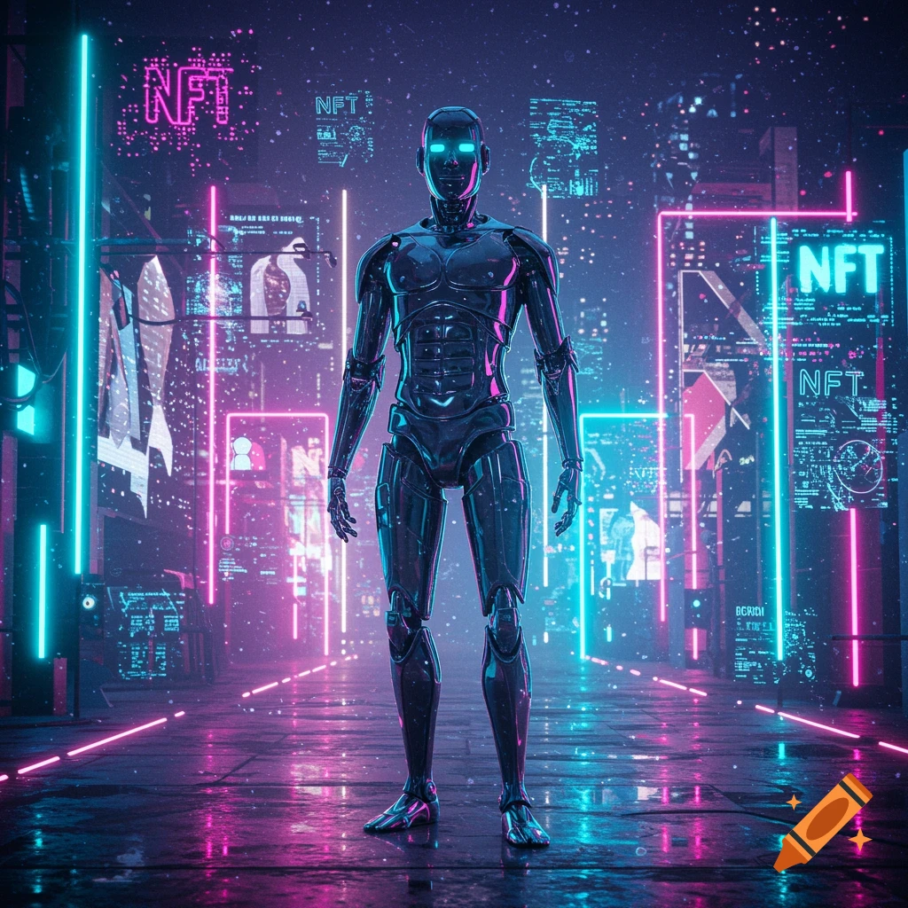 A metallic robot stands in a dark cyberpunk city street illuminated by glowing pink and blue neon lights and digital signs.