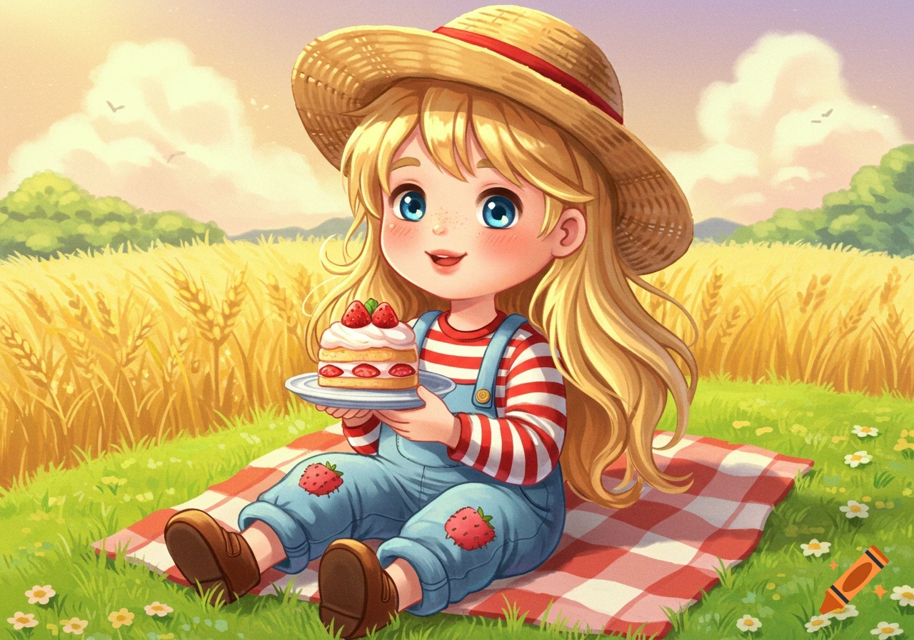 A cute anime girl with blonde hair and a straw hat sits on a picnic blanket in a field, holding a strawberry shortcake.