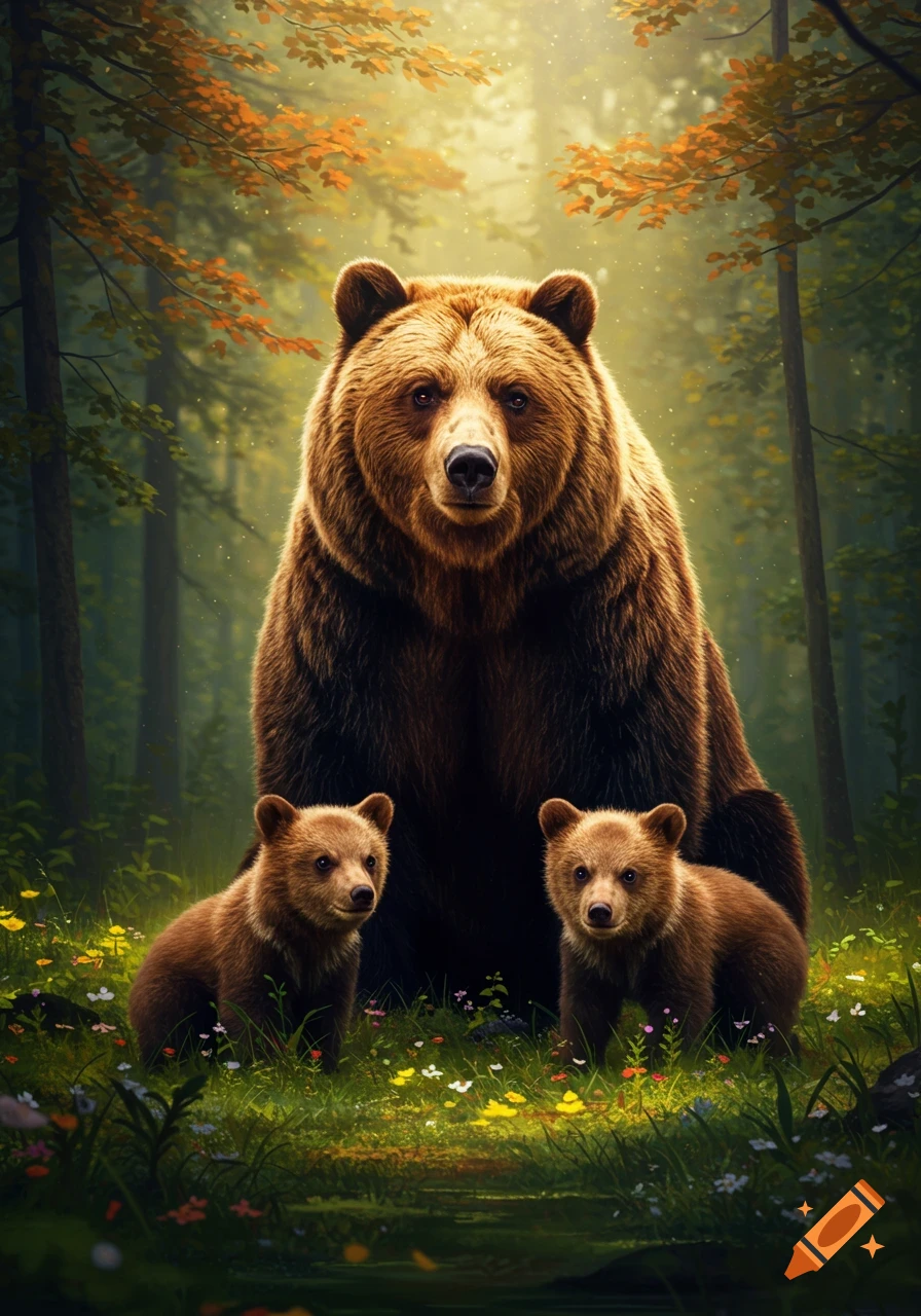 A large brown bear with two small cubs in a vibrant green forest with wildflowers.
