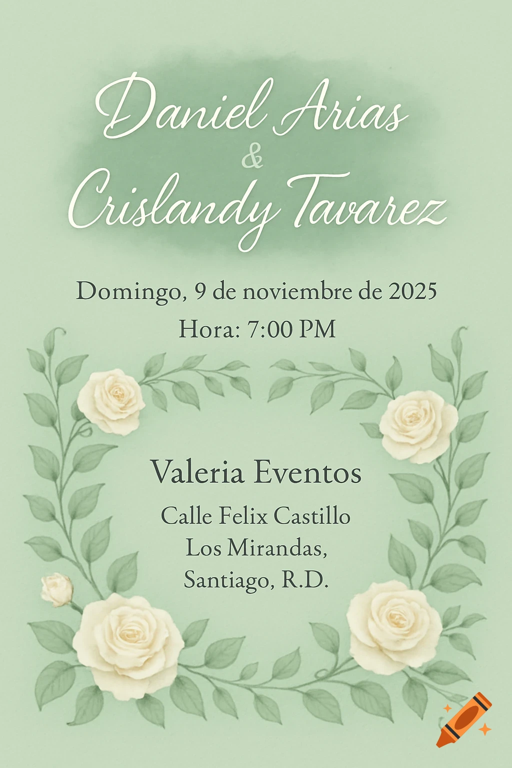 A mint green wedding invitation with elegant white script and dark text, framed by watercolor white roses and green vines.