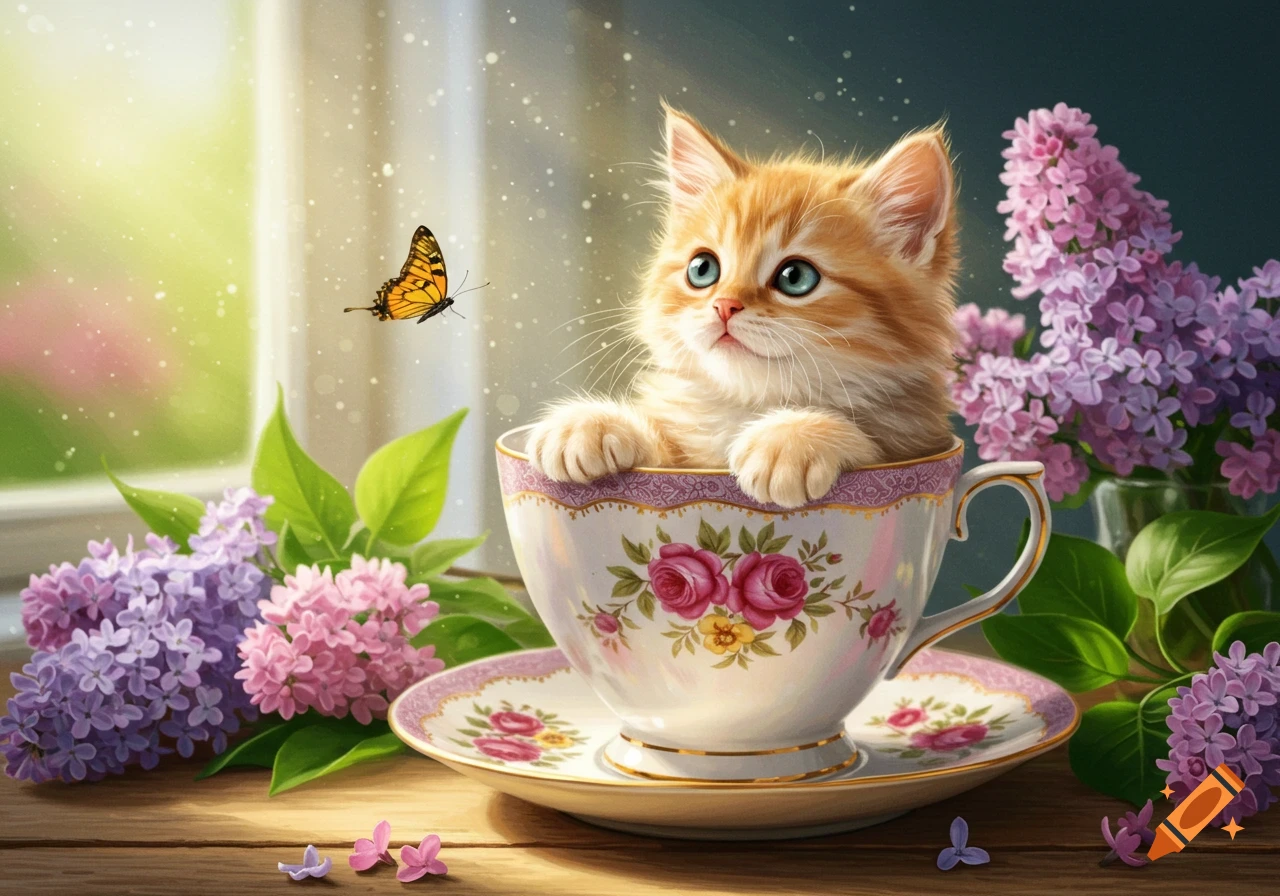 An adorable ginger kitten peeking from a patterned teacup, surrounded by purple lilacs and a butterfly, in soft lighting.