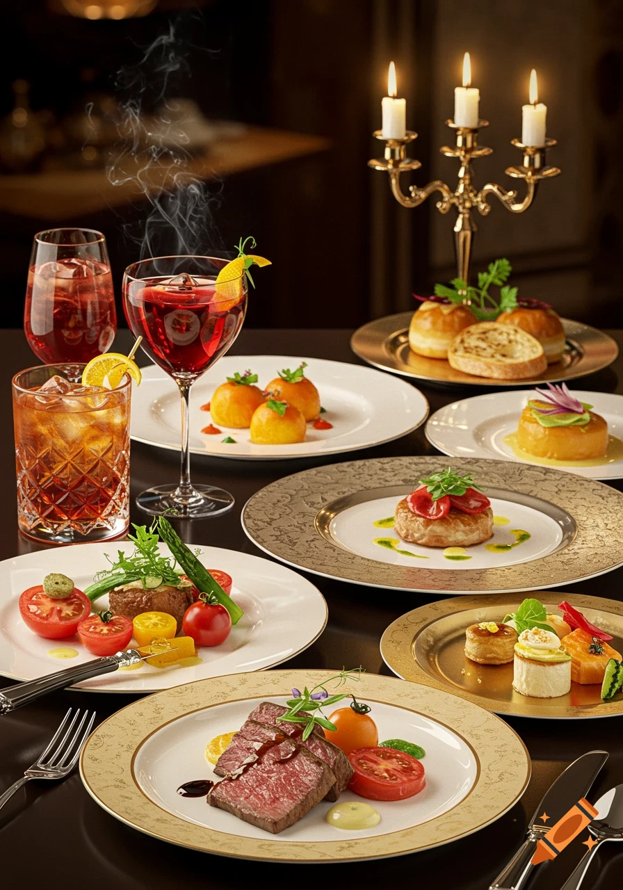 Photorealistic close-up of a luxurious dinner table laden with various gourmet dishes, cocktails, and a lit candelabra.