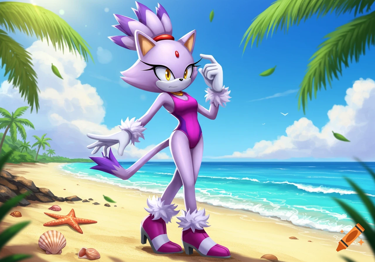 Blaze the Cat from Sonic the Hedgehog, a purple feline character, stands on a sandy beach in a pink swimsuit with palm trees and ocean in the background.