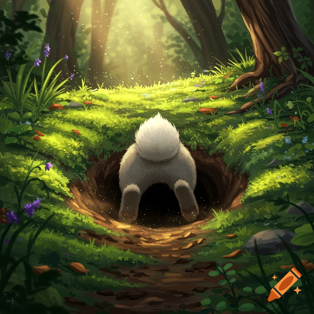 A fluffy white rabbit's tail and hind legs disappear into a dark hole on a sunlit forest floor, surrounded by green grass and trees.