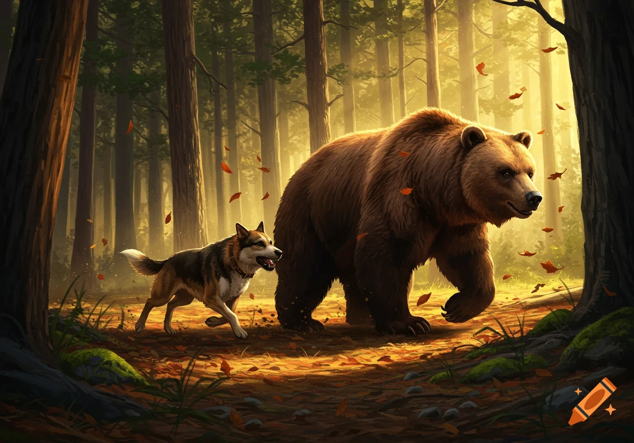 A brown bear walks through a sunlit forest with a dog chasing it, falling leaves around. Digital painting.