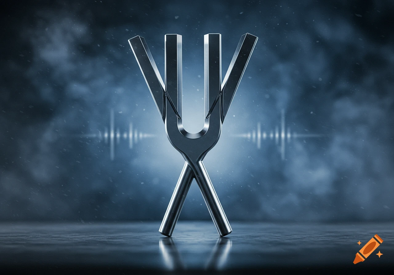 A sleek metallic tuning fork stands on a reflective surface against a smoky blue background with light pulses.