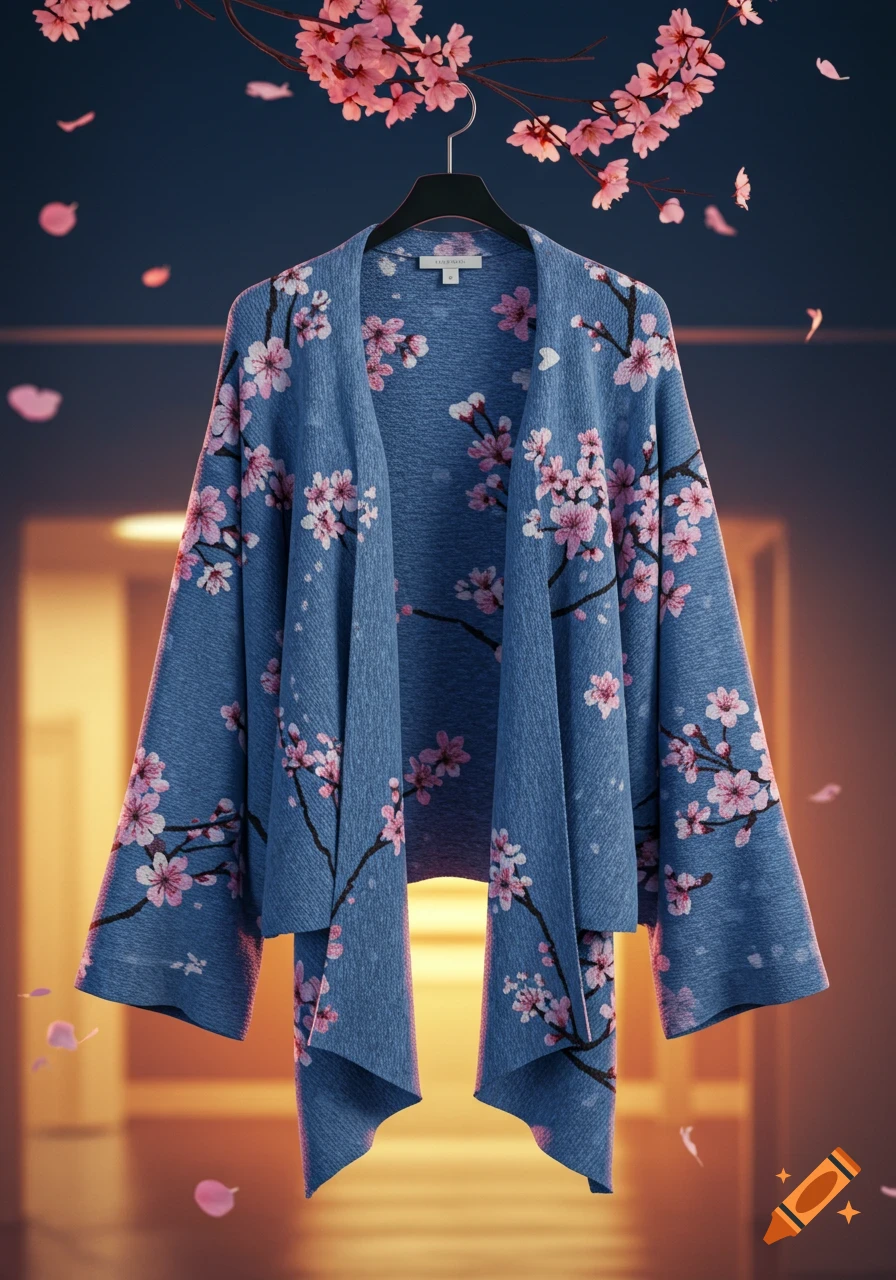 A blue wrap-around cardigan with pink cherry blossom print hangs on a hanger against a dark background with falling petals.