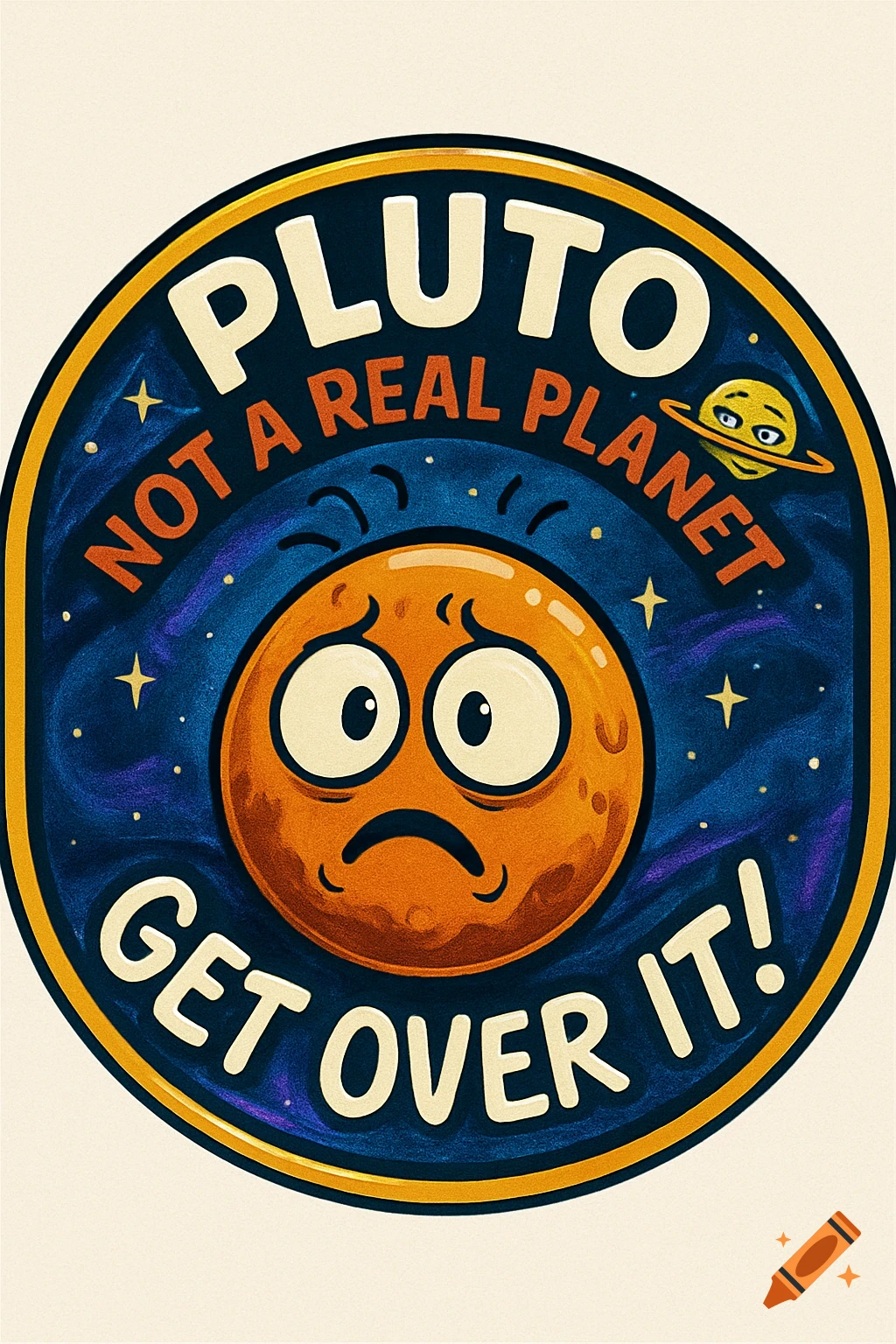 Cartoon badge with a sad Pluto and text 'PLUTO NOT A REAL PLANET GET OVER IT!' on a starry background.