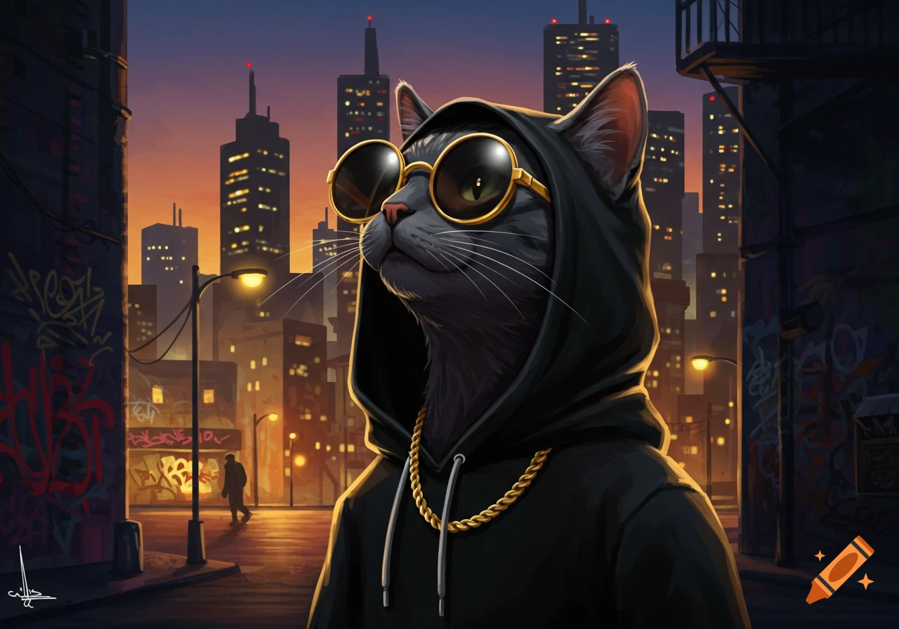 A cool cat wearing a black hoodie, sunglasses, and a gold chain looks up in an alleyway with city buildings at dusk.