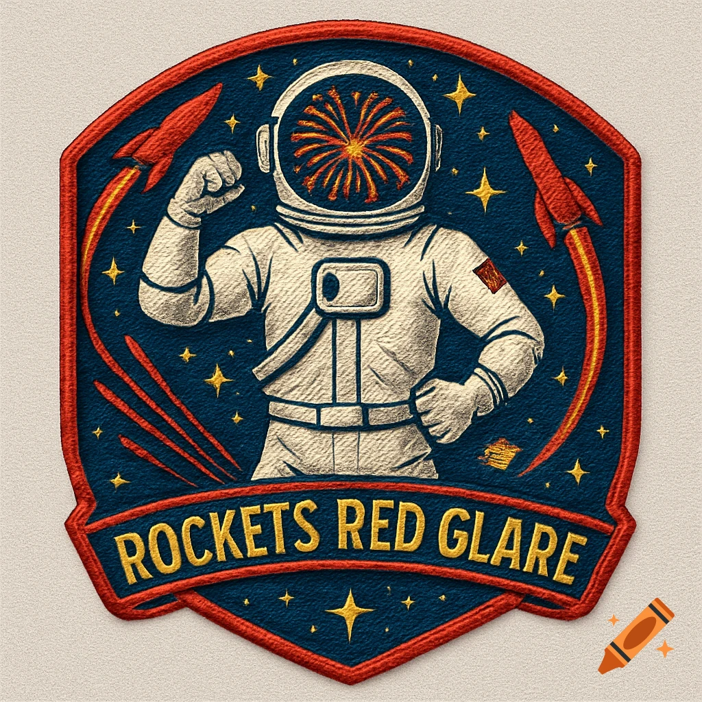 Embroidered mission patch featuring an astronaut with fireworks in helmet, flanked by red rockets, and text 'ROCKETS RED GLARE'.