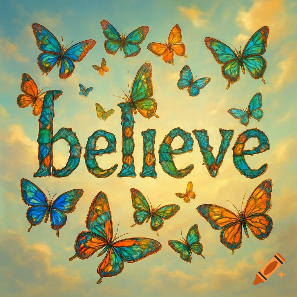 The word 'believe' formed by colorful butterflies against a blue and orange sky, in an artistic illustration style.
