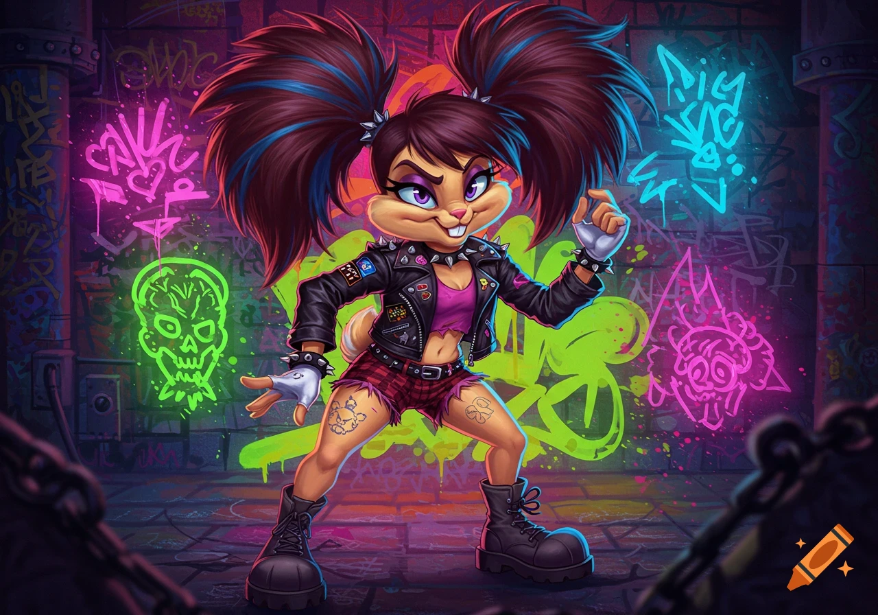 A cartoon bunny character with two high pigtails, wearing a black studded punk jacket and ripped plaid shorts, stands in front of a graffiti-covered wall with neon glowing tags.