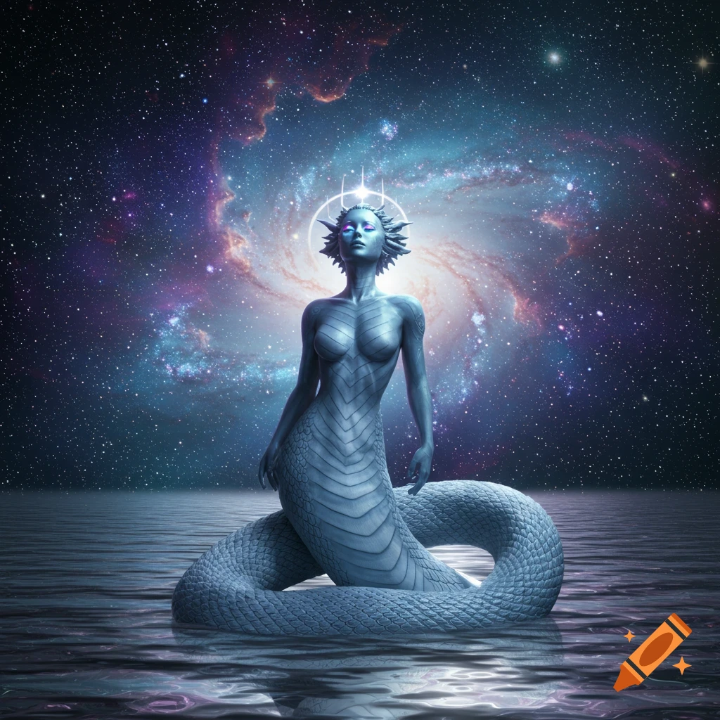 A silver-skinned mythical snake-woman with glowing eyes and a halo, rises from water under a vast, colorful galaxy.