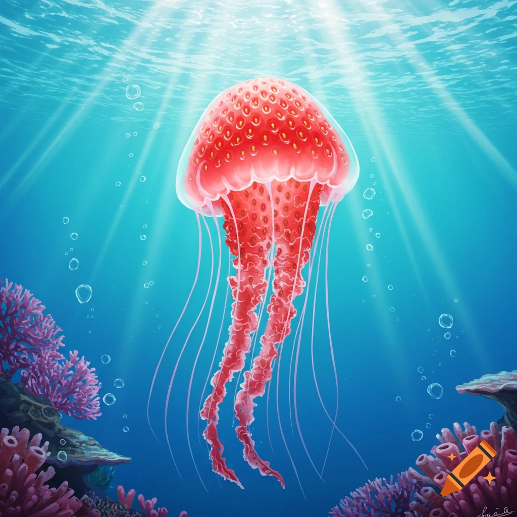 A vibrant red strawberry-like jellyfish swims in blue ocean waters, illuminated by sun rays, with pink coral reefs below.