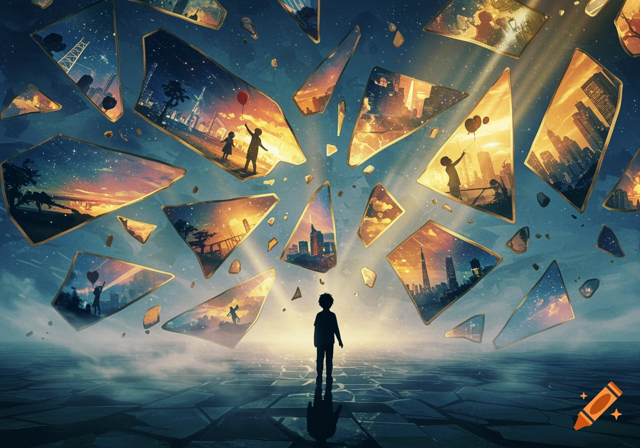 A child's silhouette looks up at floating, shattered glass pieces reflecting golden cityscapes, nature, and children under a starry sky.