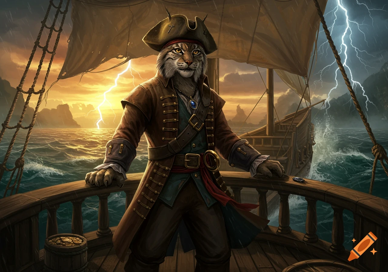 An anthropomorphic bobcat pirate captain stands on the deck of a ship during a stormy sunset with lightning in the background.