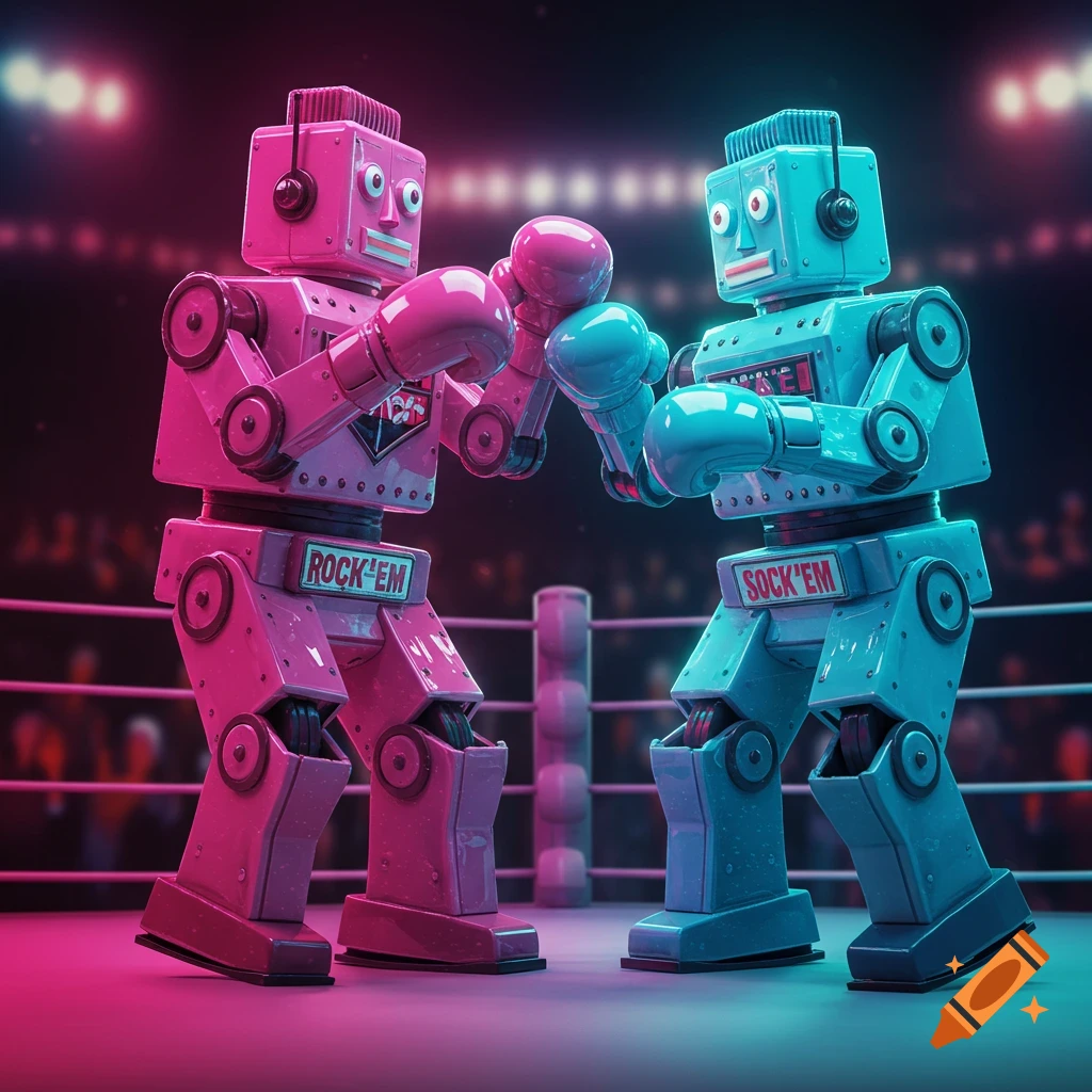 Two pink and blue vintage-style robots with boxing gloves in a ring, labeled 'ROCK'EM' and 'SOCK'EM'.
