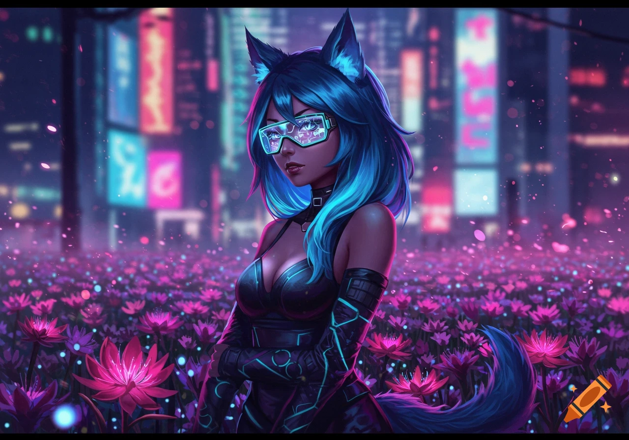 Anime-style character with wolf ears and blue hair, wearing futuristic goggles and a dark outfit, standing in a field of glowing pink and purple flowers against a cyberpunk city background.