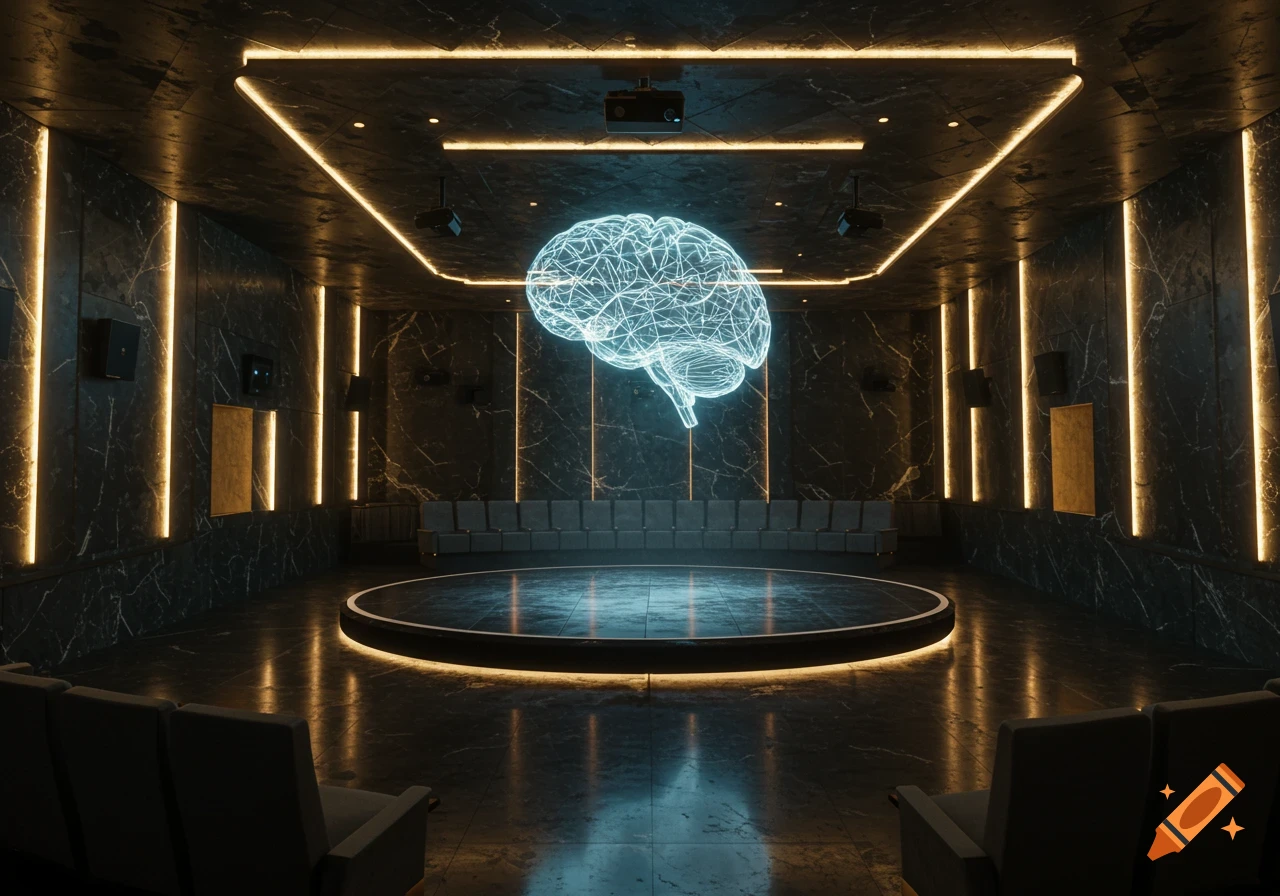 A lavish, futuristic auditorium with dark marble walls, a circular stage, and a large glowing wireframe brain hologram floating above it.