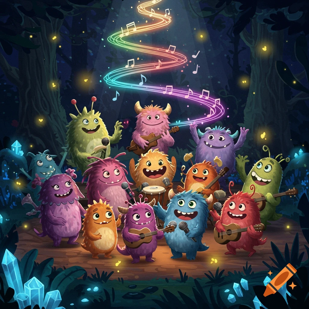 A vibrant group of cartoon monsters joyfully playing instruments and singing in a dark, glowing forest with musical notes floating above.