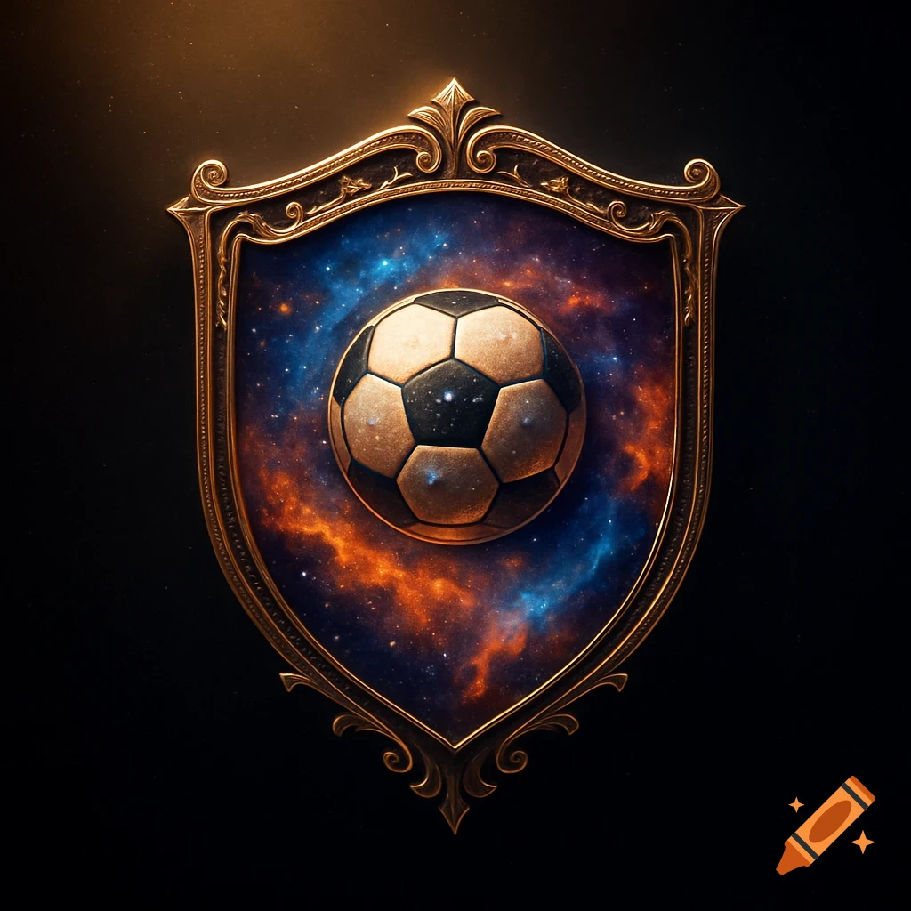 A golden ornate shield features a soccer ball against a vibrant orange and blue nebula background.