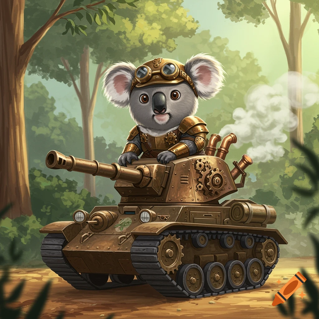 A cute cartoon koala wearing steampunk goggles and armor drives a steampunk tank through a forest.