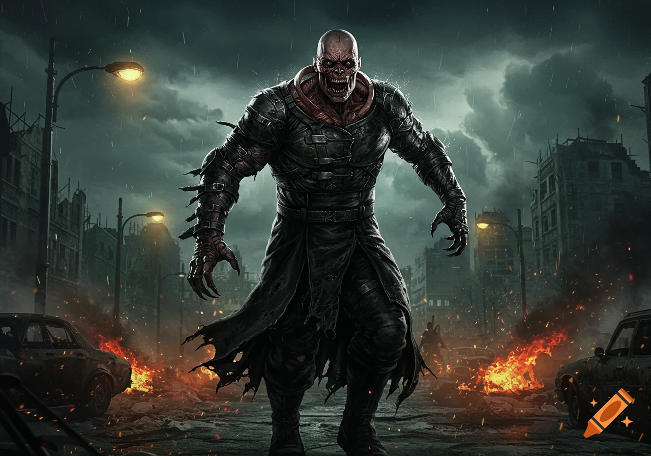 A monstrous, bald creature in a dark trench coat stands menacingly on a ruined city street under a stormy sky, surrounded by fires.