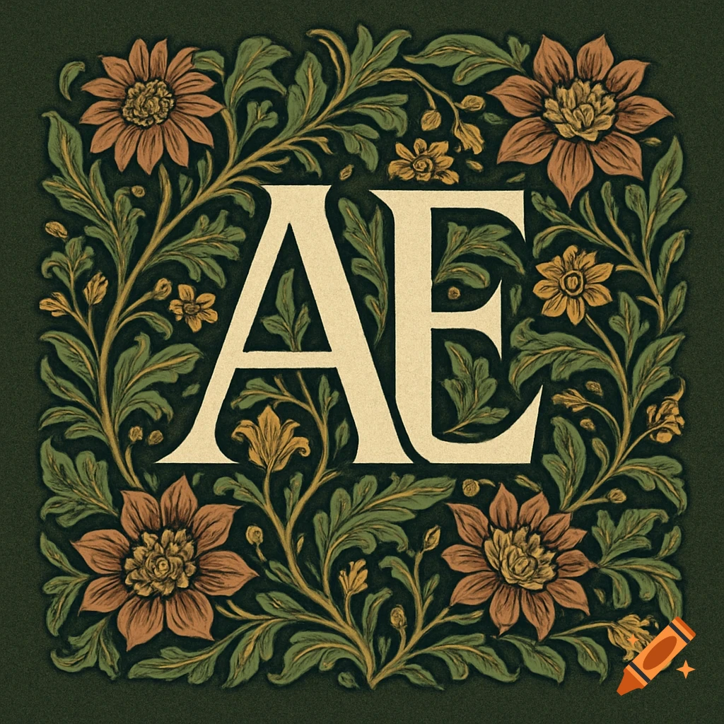 Decorative monogram with the letters AE surrounded by intricate orange and yellow flowers and green foliage in a William Morris style on a dark green background.