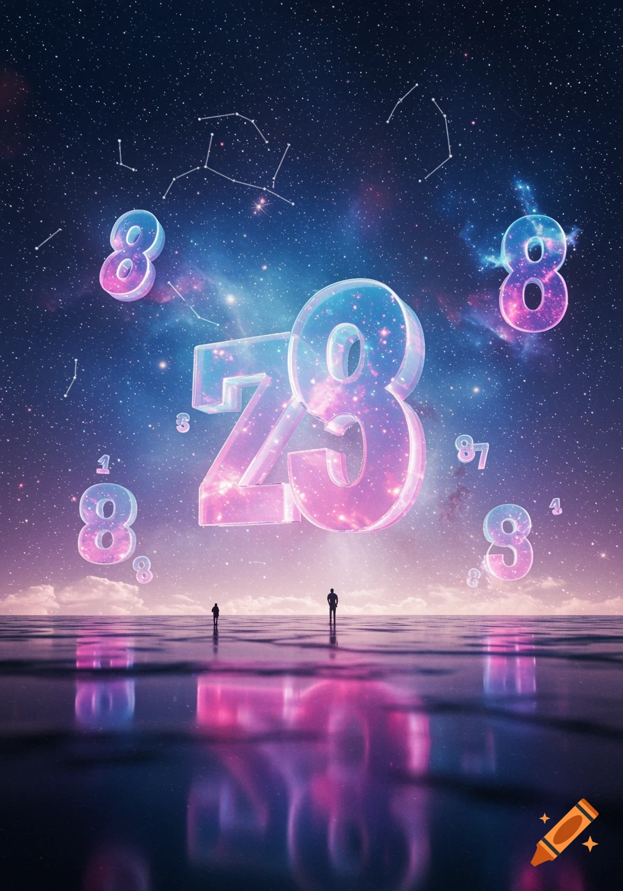 Two small figures gaze at huge, glowing numbers '28' and '8's floating in a cosmic sky above a reflective surface.