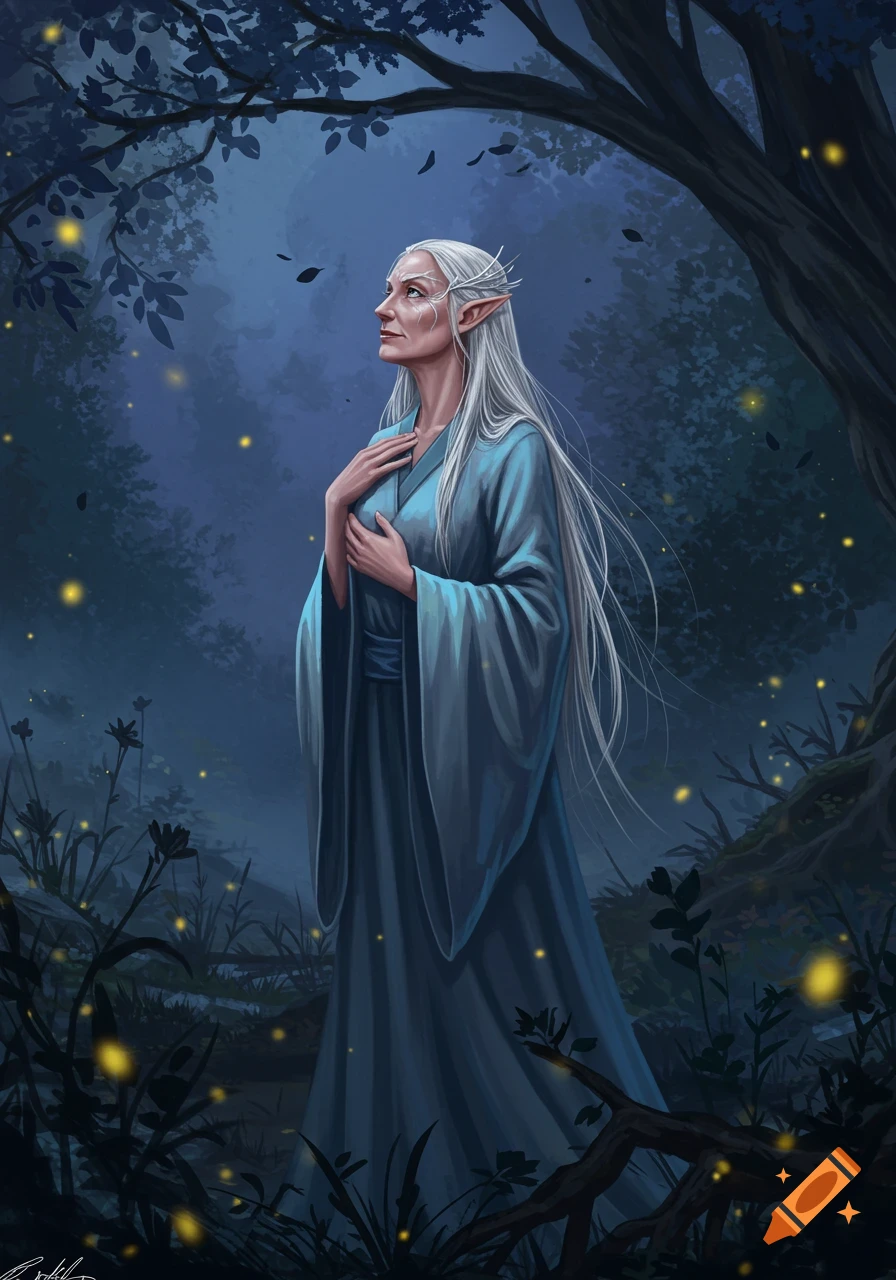 An elderly female elf with long white hair in a blue robe stands in a dark, magical forest with glowing fireflies.