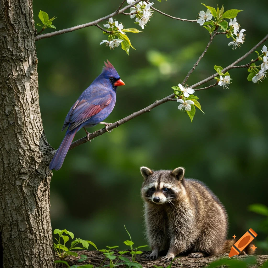 A blue cardinal with a crest perches on a tree branch with white blossoms, above a brown raccoon sitting on a thicker branch, against a green background.