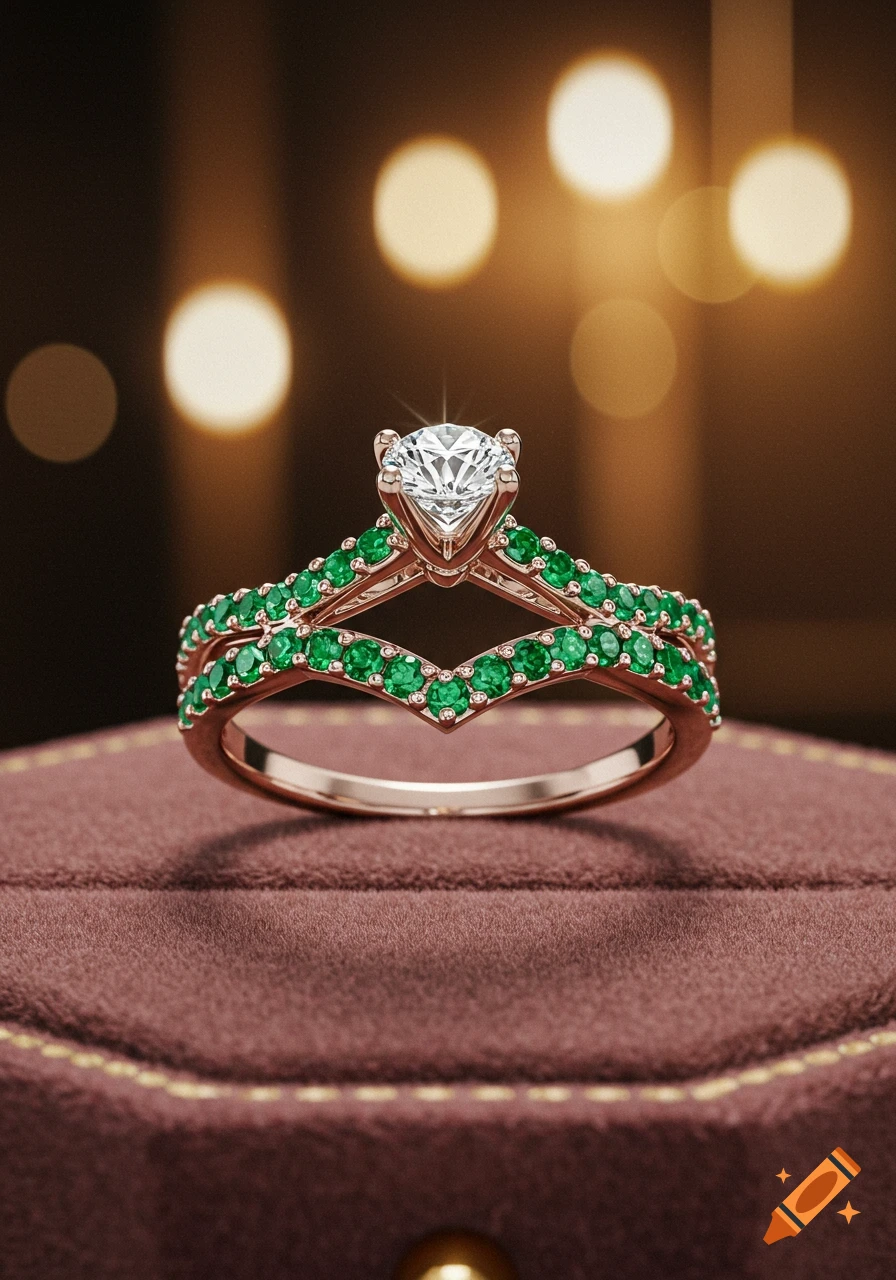 A close-up shot of a rose gold engagement ring with a large center diamond and emerald-studded bands, resting on a velvet box.