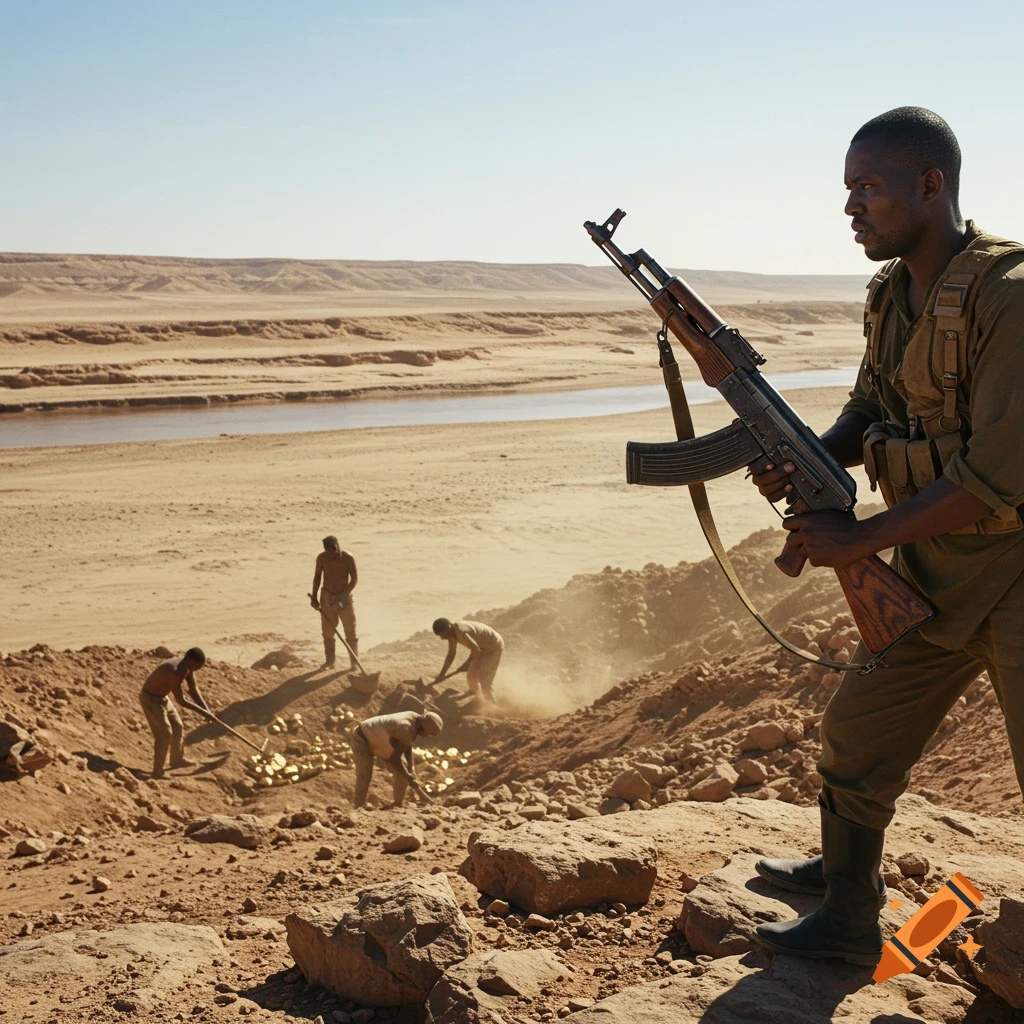 A soldier with a rifle stands guard over men digging for gold in a vast desert landscape with a river in the background, photorealistic style.