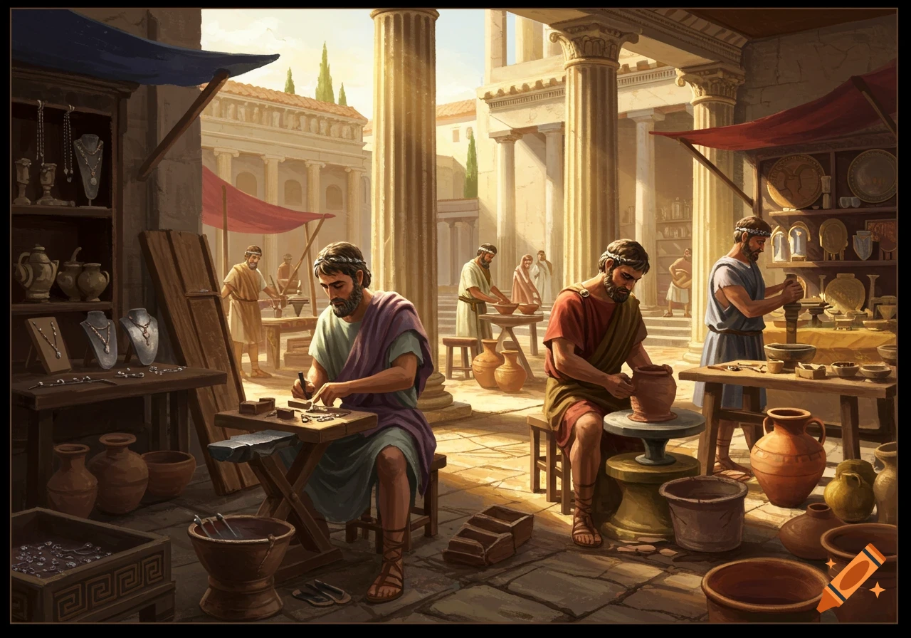 Roman craftsmen are busy at work in an open-air market, with one man making jewelry and another crafting pottery.