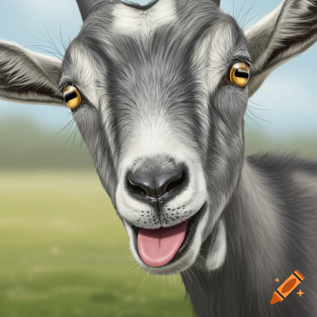 Close-up photorealistic headshot of a happy grey goat with yellow rectangular pupils and its tongue sticking out.
